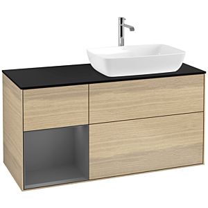 Villeroy und Boch Finion Waschtischunterschrank F802GKPC 120cm, Abdeckplatte black matt, Regale Anthracite matt lacquer, Oak Veneer