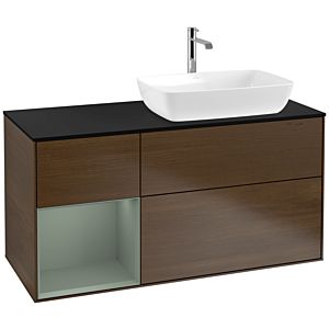 Villeroy und Boch Finion Waschtischunterschrank F802GMGN 120cm, Abdeckplatte black matt, Regale Olive matt lacquer, Walnut veneer
