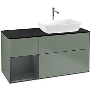Villeroy und Boch Finion Waschtischunterschrank F802HGGM 120cm, Abdeckplatte black matt, Regale Midnight matt lacquer, Olive Matt Lacquer