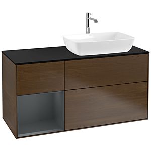 Villeroy und Boch Finion Waschtischunterschrank F802HGGN 120cm, Abdeckplatte black matt, Regale Midnight matt lacquer, Walnut veneer