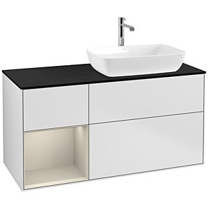 Villeroy und Boch Finion Waschtischunterschrank F802HHMT 120cm, Abdeckplatte black matt, Regale sand matt lacquer, White matt lacquer