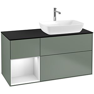 Villeroy et Boch Finion Villeroy et Boch F802MTGM 120cm, plaque de recouvrement noir mat, étagères laqué blanc mat, Olive Matt Lacquer