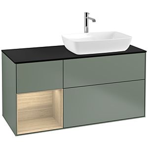 Villeroy und Boch Finion Waschtischunterschrank F802PCGM 120cm, Abdeckplatte black matt, Regale Oak Veneer, Olive Matt Lacquer