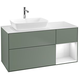 Villeroy und Boch Finion Waschtischunterschrank F811GFGM 120cm, Abdeckplatte white matt, Regale Glossy white lacquer, Olive Matt Lacquer