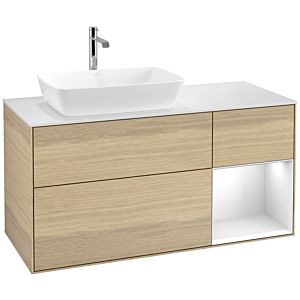 Villeroy et Boch Finion Villeroy et Boch F811GFPC 120cm, plaque de recouvrement blanc mat, étagères Laque blanche brillante, Oak Veneer