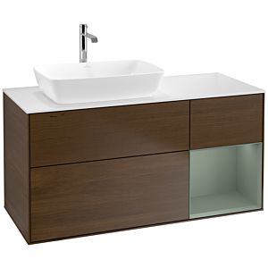 Villeroy et Boch Finion Villeroy et Boch F811GMGN 120cm, plaque de recouvrement blanc mat, étagères laqué mat olive, placage noyer