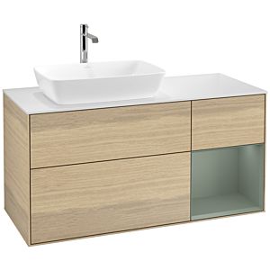 Villeroy und Boch Finion Waschtischunterschrank F811GMPC 120cm, Abdeckplatte white matt, Regale Olive matt lacquer, Oak Veneer