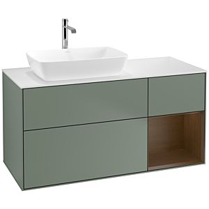Villeroy und Boch Finion Waschtischunterschrank F811GNGM 120cm, Abdeckplatte white matt, Regale Walnut Veneer, Olive Matt Lacquer