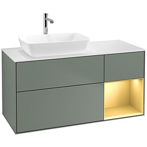 Villeroy et Boch Finion F811HFGM 120cm, plaque de recouvrement blanc mat, étagères laqué mat or, Olive Matt Lacquer
