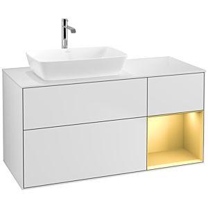 Villeroy und Boch Finion Waschtischunterschrank F811HFMT 120cm, Abdeckplatte white matt, Regale Gold matt lacquer, White matt lacquer