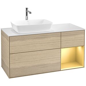 Villeroy und Boch Finion Waschtischunterschrank F811HFPC 120cm, Abdeckplatte white matt, Regale Gold matt lacquer, Oak Veneer
