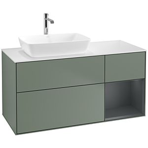 Villeroy und Boch Finion Waschtischunterschrank F811HGGM 120cm, Abdeckplatte white matt, Regale Midnight matt lacquer, Olive Matt Lacquer