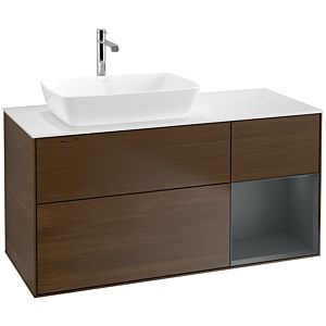 Villeroy und Boch Finion Waschtischunterschrank F811HGGN 120cm, Abdeckplatte white matt, Regale Midnight matt lacquer, Walnut veneer