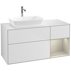 Villeroy und Boch Finion Waschtischunterschrank F811HHMT 120cm, Abdeckplatte white matt, Regale sand matt lacquer, White matt lacquer