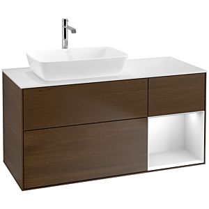 Villeroy und Boch Finion Waschtischunterschrank F811MTGN 120cm, Abdeckplatte white matt, Regale White matt lacquer, Walnut veneer