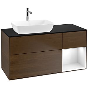 Villeroy und Boch Finion Waschtischunterschrank F812GFGN 120cm, Abdeckplatte black matt, Regale Glossy white lacquer, Walnut veneer