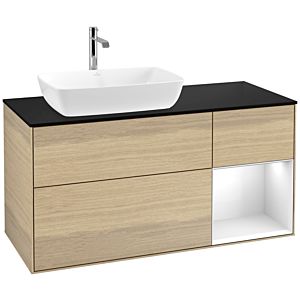 Villeroy und Boch Finion Waschtischunterschrank F812GFPC 120cm, Abdeckplatte black matt, Regale Glossy white lacquer, Oak Veneer