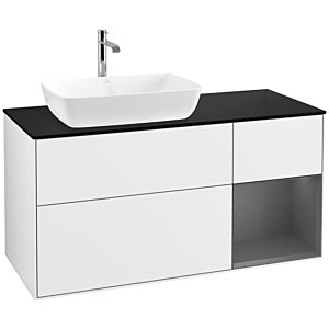 Villeroy und Boch Finion Waschtischunterschrank F812GKGF 120cm, Abdeckplatte black matt, Regale Anthracite matt lacquer, Glossy white lacquer