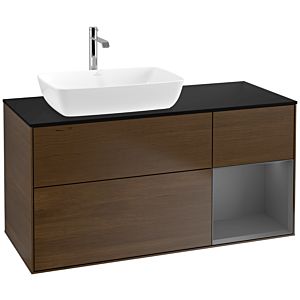 Villeroy und Boch Finion Waschtischunterschrank F812GKGN 120cm, Abdeckplatte black matt, Regale Anthracite matt lacquer, Walnut veneer
