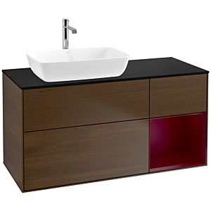 Villeroy und Boch Finion Waschtischunterschrank F812HBGN 120cm, Abdeckplatte black matt, Regale Peony matt lacquer, Walnut veneer