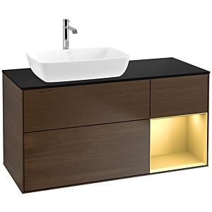 Villeroy und Boch Finion Waschtischunterschrank F812HFGN 120cm, Abdeckplatte black matt, Regale Gold matt lacquer, Walnut veneer