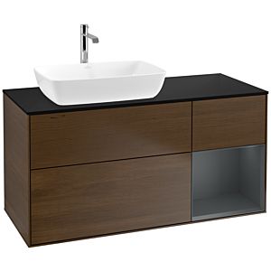 Villeroy und Boch Finion Waschtischunterschrank F812HGGN 120cm, Abdeckplatte black matt, Regale Midnight matt lacquer, Walnut veneer