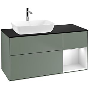 Villeroy und Boch Finion Waschtischunterschrank F812MTGM 120cm, Abdeckplatte black matt, Regale White matt lacquer, Olive Matt Lacquer