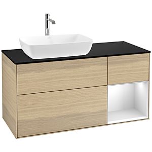 Villeroy und Boch Finion Waschtischunterschrank F812MTPC 120cm, Abdeckplatte black matt, Regale White matt lacquer, Oak Veneer