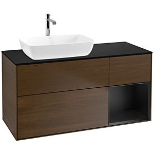 Villeroy und Boch Finion Waschtischunterschrank F812PDGN 120cm, Abdeckplatte black matt, Regale Black matt lacquer, Walnut veneer