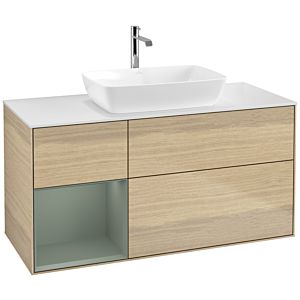 Villeroy und Boch Finion Waschtischunterschrank F821GMPC 120cm, Abdeckplatte white matt, Regale Olive matt lacquer, Oak Veneer