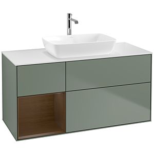 Villeroy und Boch Finion Waschtischunterschrank F821GNGM 120cm, Abdeckplatte white matt, Regale Walnut Veneer, Olive Matt Lacquer