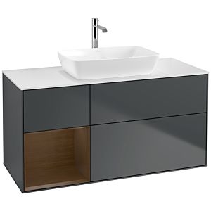 Villeroy und Boch Finion Waschtischunterschrank F821GNHG 120cm, Abdeckplatte white matt, Regale Walnut Veneer, Midnight Blue Matt Lacquer
