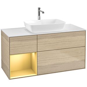 Villeroy und Boch Finion Waschtischunterschrank F821HFPC 120cm, Abdeckplatte white matt, Regale Gold matt lacquer, Oak Veneer