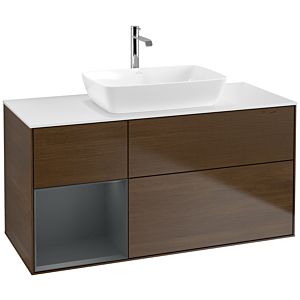 Villeroy und Boch Finion Waschtischunterschrank F821HGGN 120cm, Abdeckplatte white matt, Regale Midnight matt lacquer, Walnut veneer