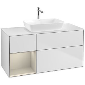 Villeroy und Boch Finion Waschtischunterschrank F821HHMT 120cm, Abdeckplatte white matt, Regale sand matt lacquer, White matt lacquer