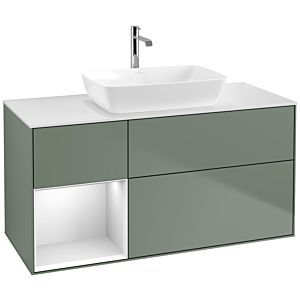 Villeroy et Boch Finion Villeroy et Boch F821MTGM 120cm, plaque de recouvrement blanc mat, étagères laqué blanc mat, Olive Matt Lacquer