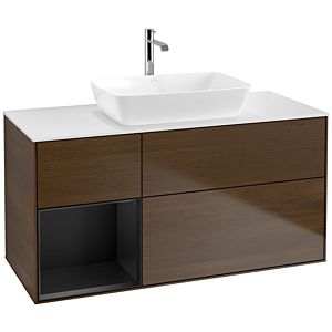 Villeroy und Boch Finion Waschtischunterschrank F821PDGN 120cm, Abdeckplatte white matt, Regale Black matt lacquer, Walnut veneer