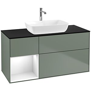 Villeroy und Boch Finion Waschtischunterschrank F822GFGM 120cm, Abdeckplatte black matt, Regale Glossy white lacquer, Olive Matt Lacquer