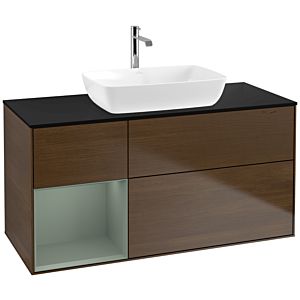 Villeroy et Boch Finion Villeroy et Boch F822GMGN 120cm, plaque de recouvrement noir mat, étagères laqué olive mat, placage noyer