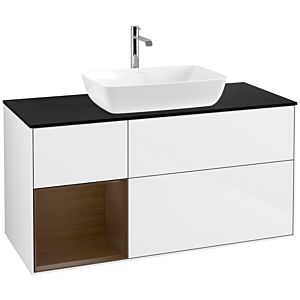 Villeroy et Boch Finion F822GNGF 120cm, plaque de recouvrement noire mate, étagères Walnut Veneer , laqué blanc brillant