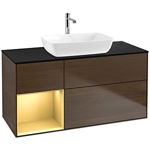 Villeroy und Boch Finion Waschtischunterschrank F822HFGN 120cm, Abdeckplatte black matt, Regale Gold matt lacquer, Walnut veneer
