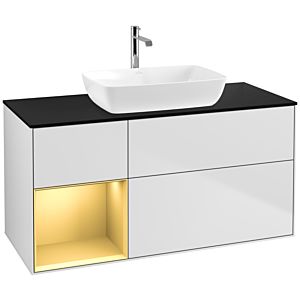 Villeroy et Boch Finion Villeroy et Boch F822HFMT 120cm, plaque de recouvrement noir mat, étagères laqué or mat, laqué blanc mat