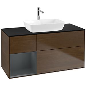 Villeroy und Boch Finion Waschtischunterschrank F822HGGN 120cm, Abdeckplatte black matt, Regale Midnight matt lacquer, Walnut veneer