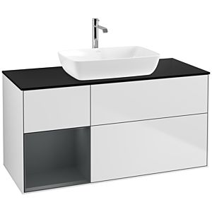 Villeroy et Boch Finion Villeroy et Boch F822HGMT 120cm, plaque de recouvrement noire mate, étagères laqué mat Midnight, laqué blanc mat