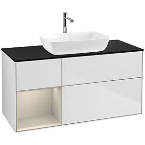 Villeroy und Boch Finion Waschtischunterschrank F822HHMT 120cm, Abdeckplatte black matt, Regale sand matt lacquer, White matt lacquer