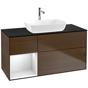 Villeroy und Boch Finion Waschtischunterschrank F822MTGN 120cm, Abdeckplatte black matt, Regale White matt lacquer, Walnut veneer