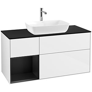Villeroy et Boch Finion Villeroy et Boch F822PDGF 120cm, plaque de recouvrement noire mate, étagères en laque noire mate, laque blanche brillante