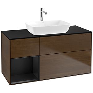 Villeroy und Boch Finion Waschtischunterschrank F822PDGN 120cm, Abdeckplatte black matt, Regale Black matt lacquer, Walnut veneer