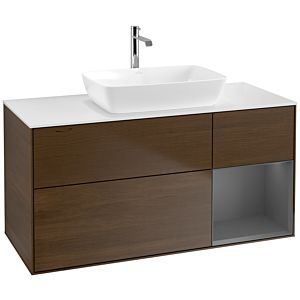 Villeroy und Boch Finion Waschtischunterschrank F831GKGN 120cm, Abdeckplatte white matt, Regale Anthracite matt lacquer, Walnut veneer