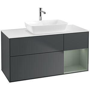 Villeroy und Boch Finion Waschtischunterschrank F831GMHG 120cm, Abdeckplatte white matt, Regale Olive matt lacquer, Midnight Blue Matt Lacquer